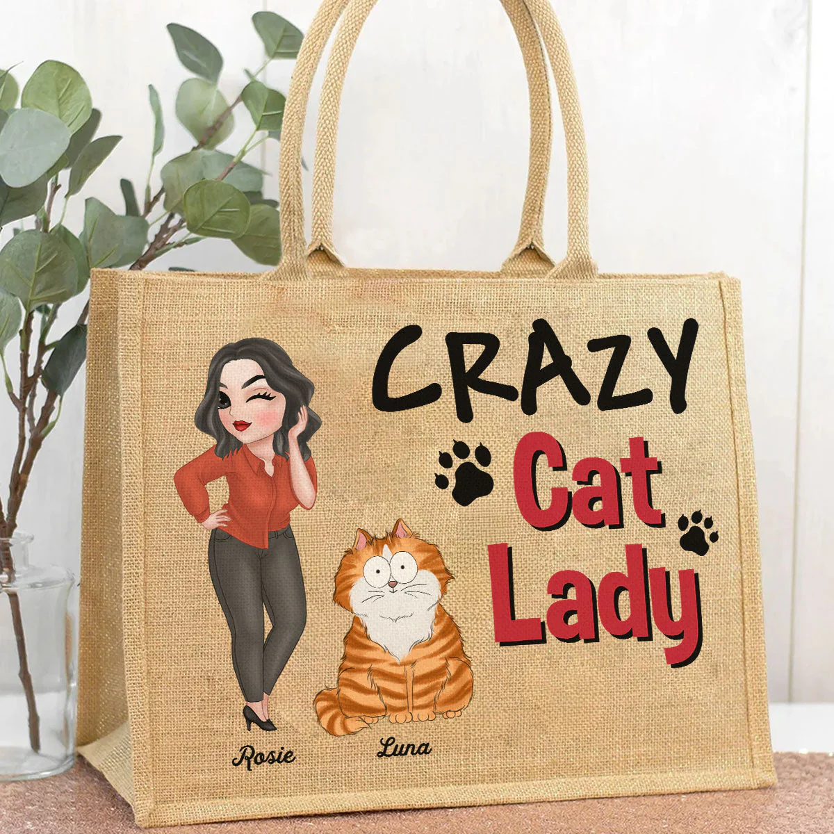 A Crazy Cat Lady - Personalized Custom Jute Tote Bag - Image 2