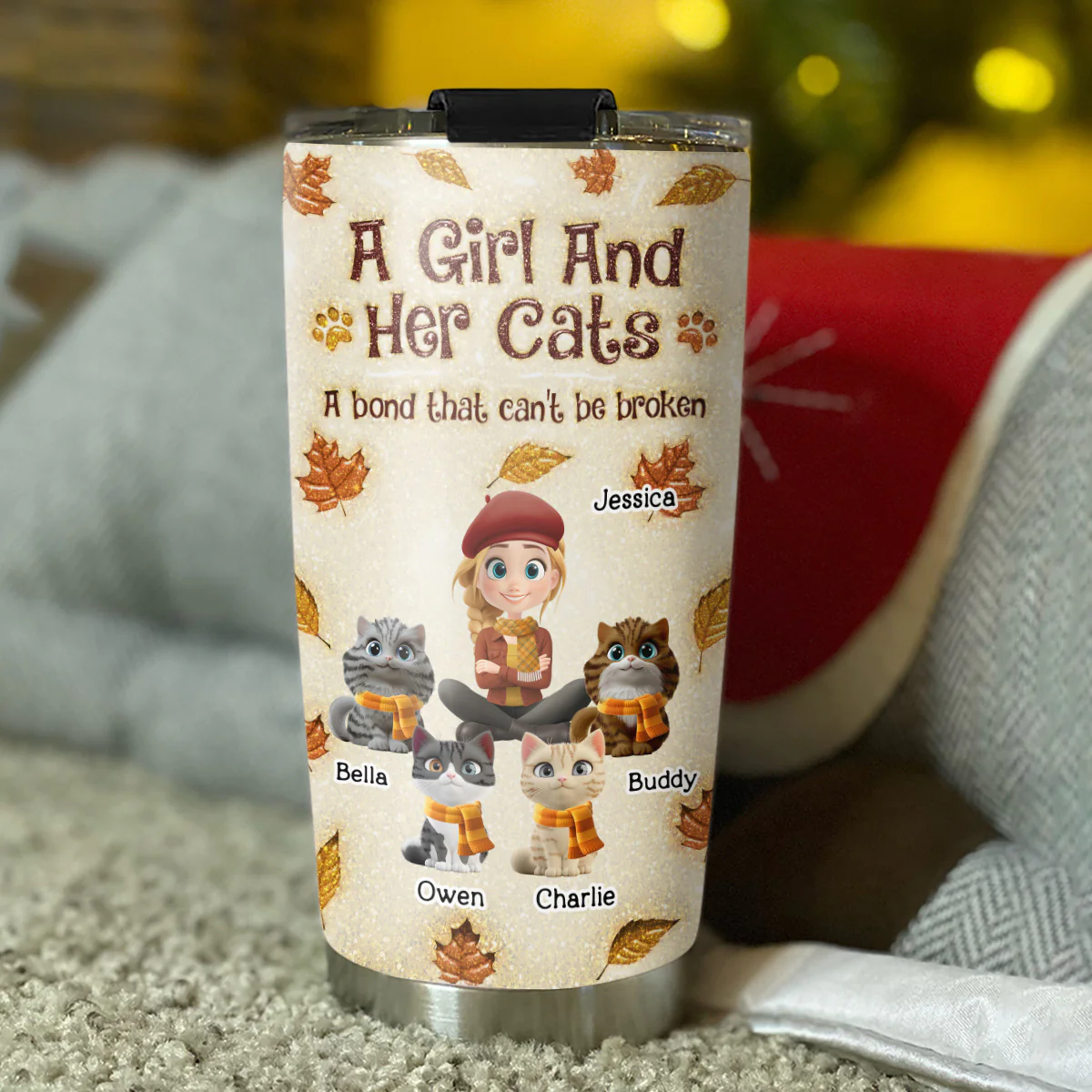 A Girl And Her Cat Autumn - Personalized Custom 3D Inflated Effect Tumbler - Image 4