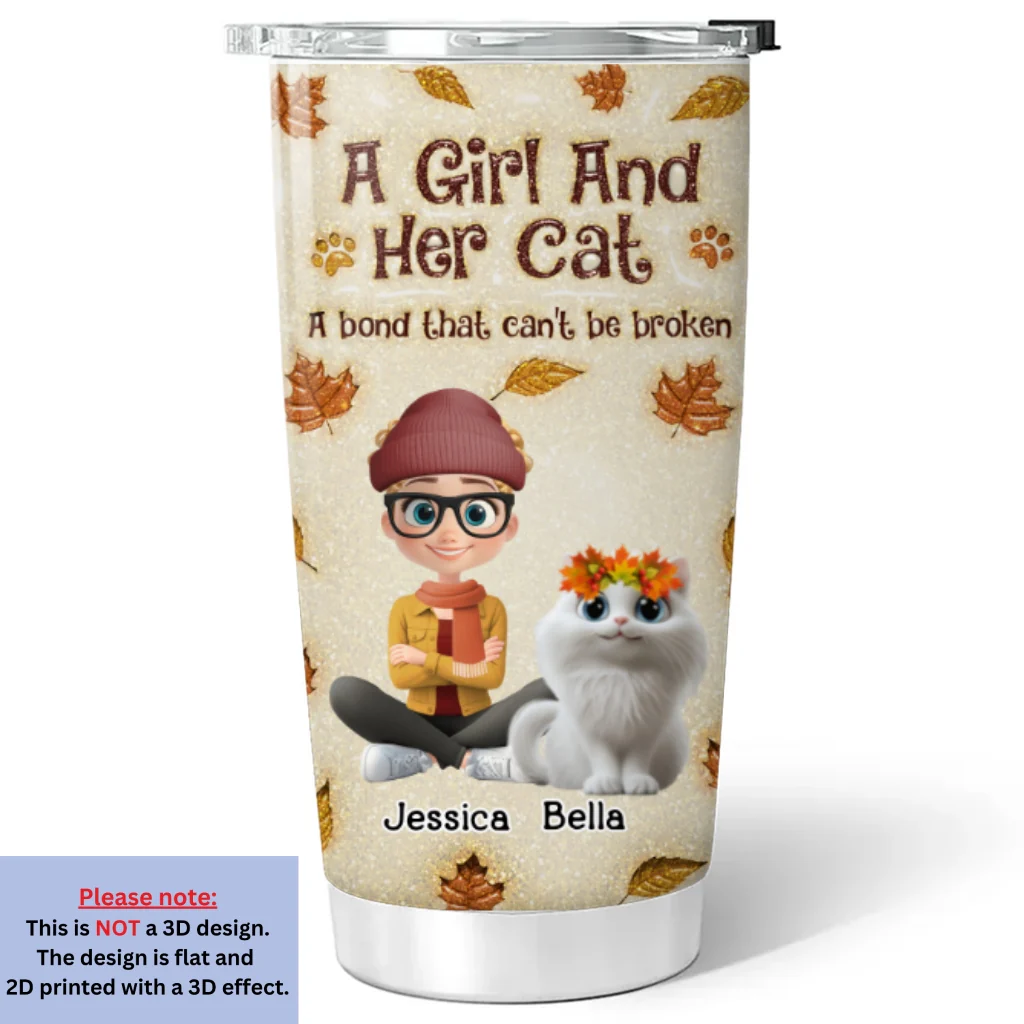 A Girl And Her Cat Autumn - Personalized Custom 3D Inflated Effect Tumbler - Image 5