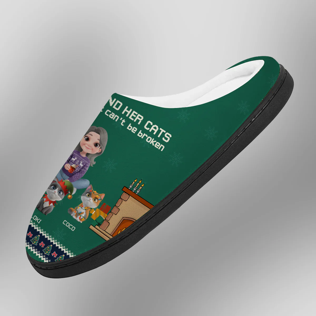 A Girl And Her Cat Christmas - Personalized Custom Plush Slippers - Image 2