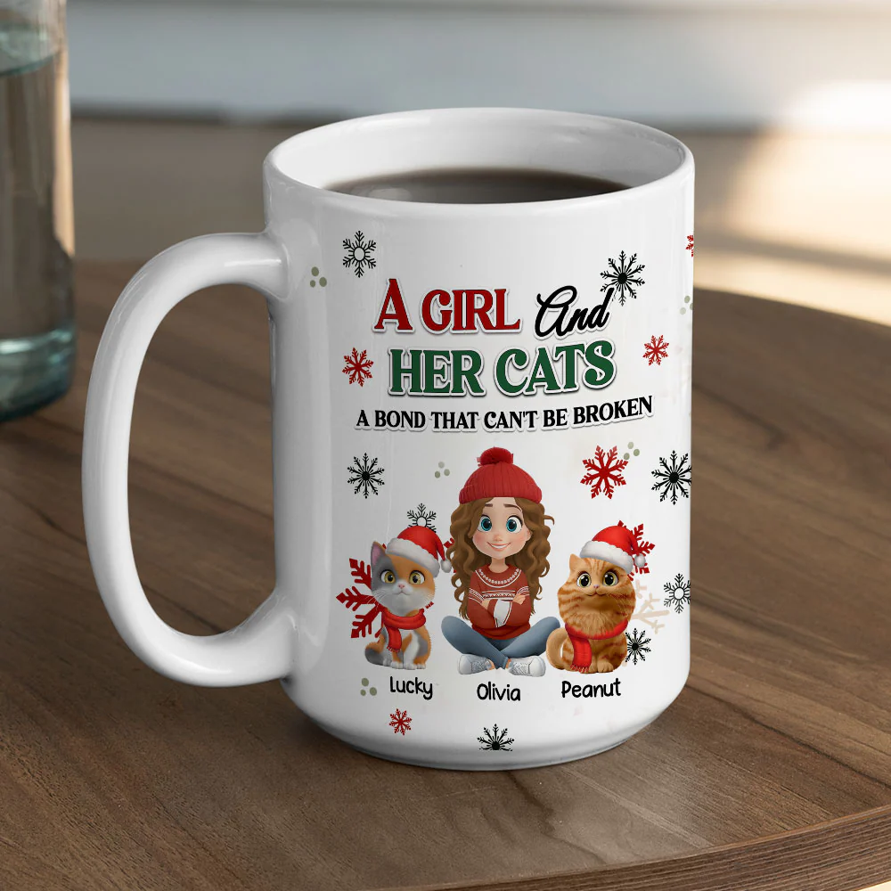 A Girl And Her Cat Love Christmas - Personalized Custom Coffee Mug - Image 3