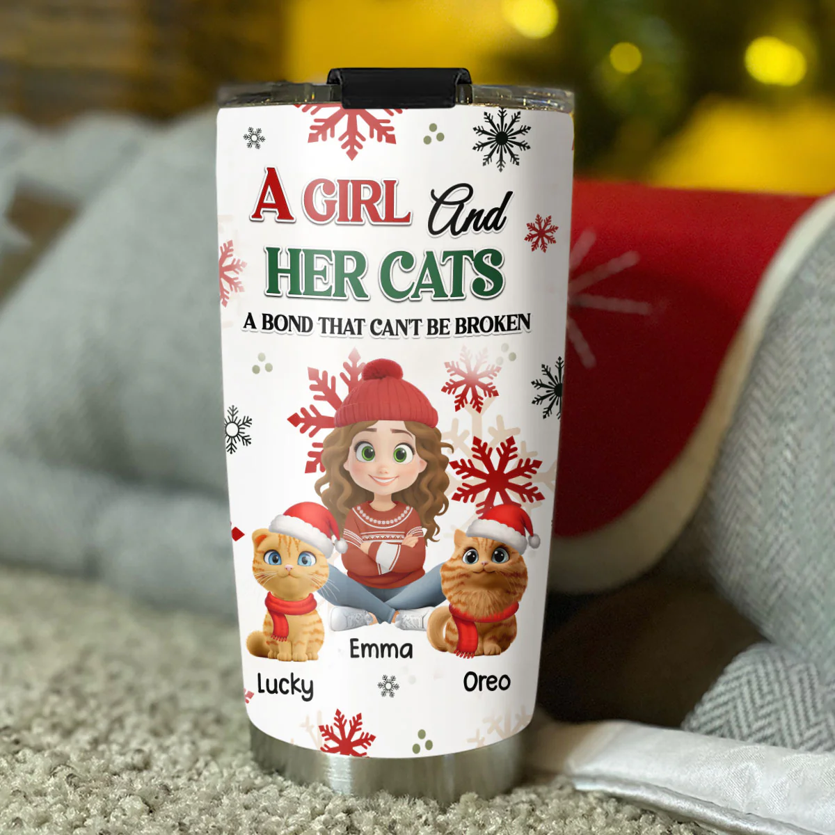 A Girl And Her Cat Love Christmas - Personalized Custom Tumbler - Image 2