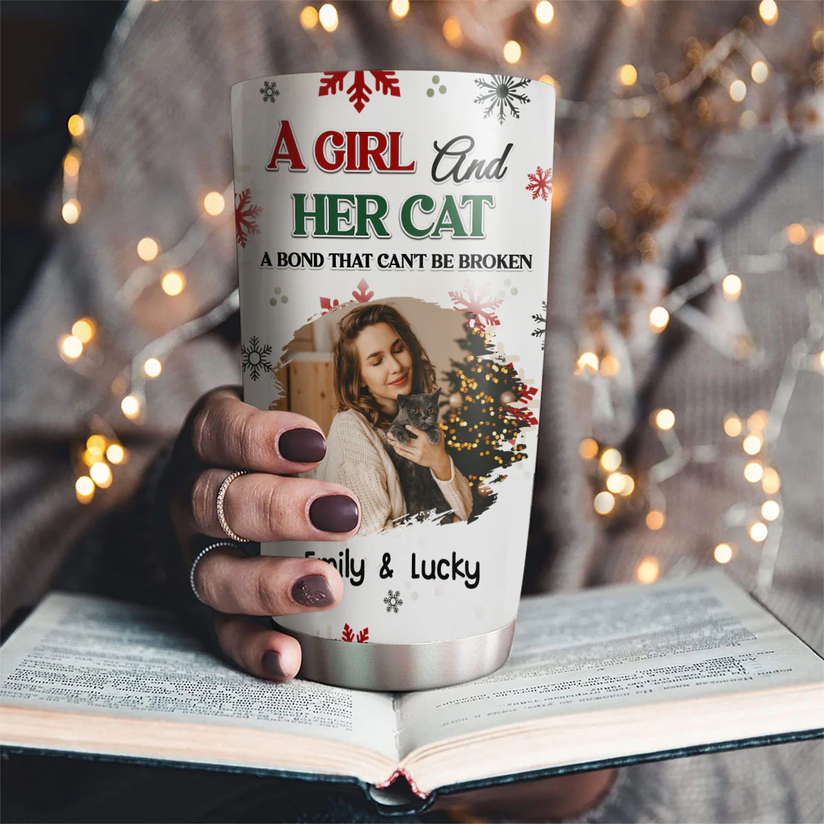 A Girl And Her Cat Love Christmas Photo - Personalized Custom Tumbler - Image 2