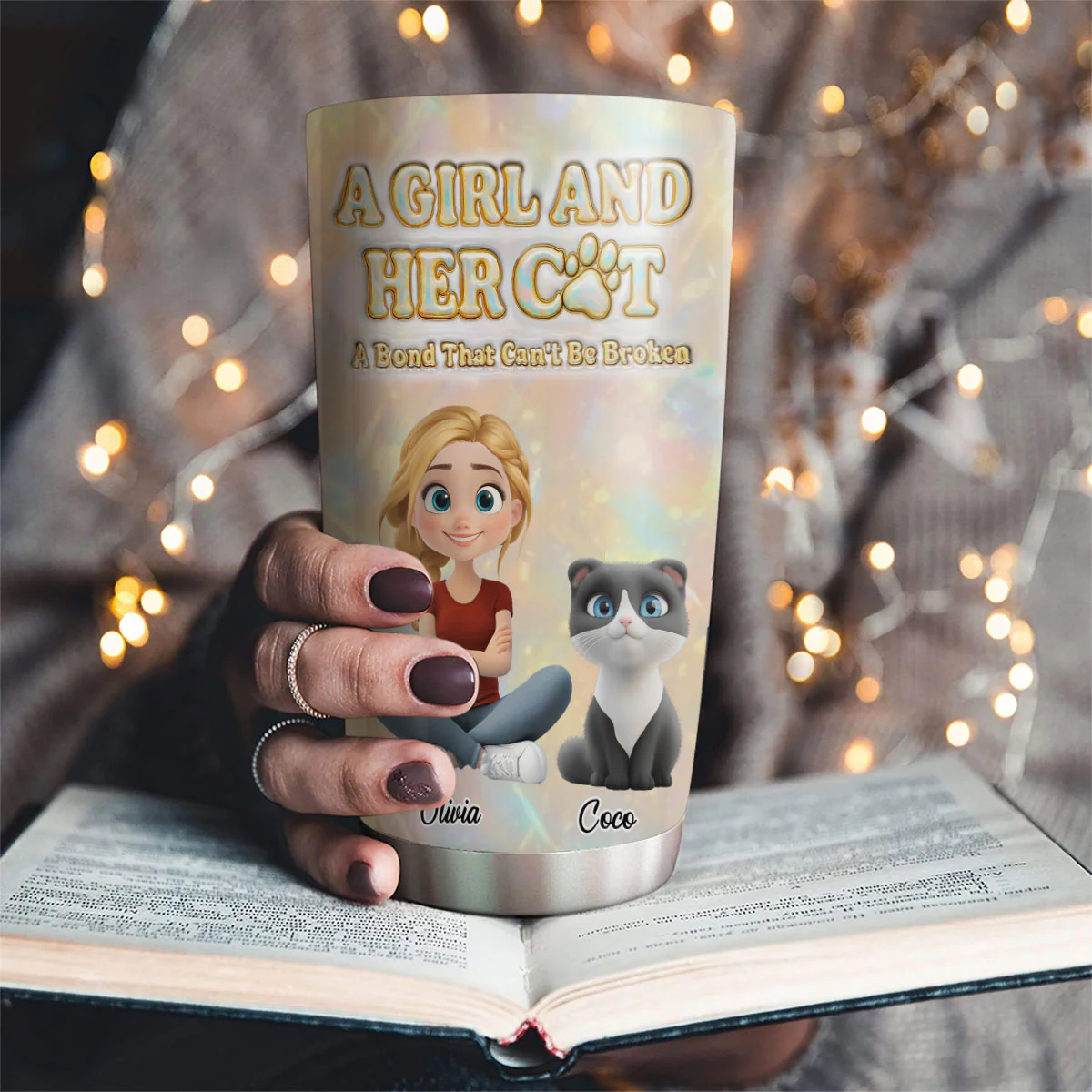 A Girl And Her Cat Pearl - Personalized Custom 3D Inflated Effect Tumbler - Image 2