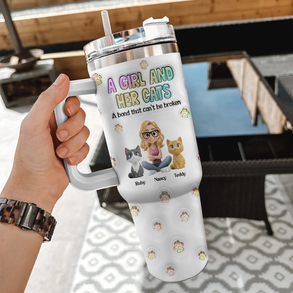 A Girl And Her Cat - Personalized Custom 3D Inflated Effect Printed 40 Oz Tumbler - Image 4