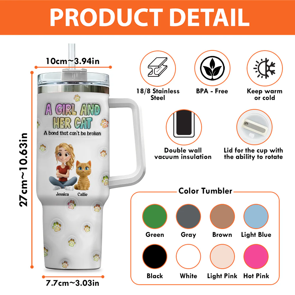 A Girl And Her Cat - Personalized Custom 3D Inflated Effect Printed 40 Oz Tumbler - Image 8