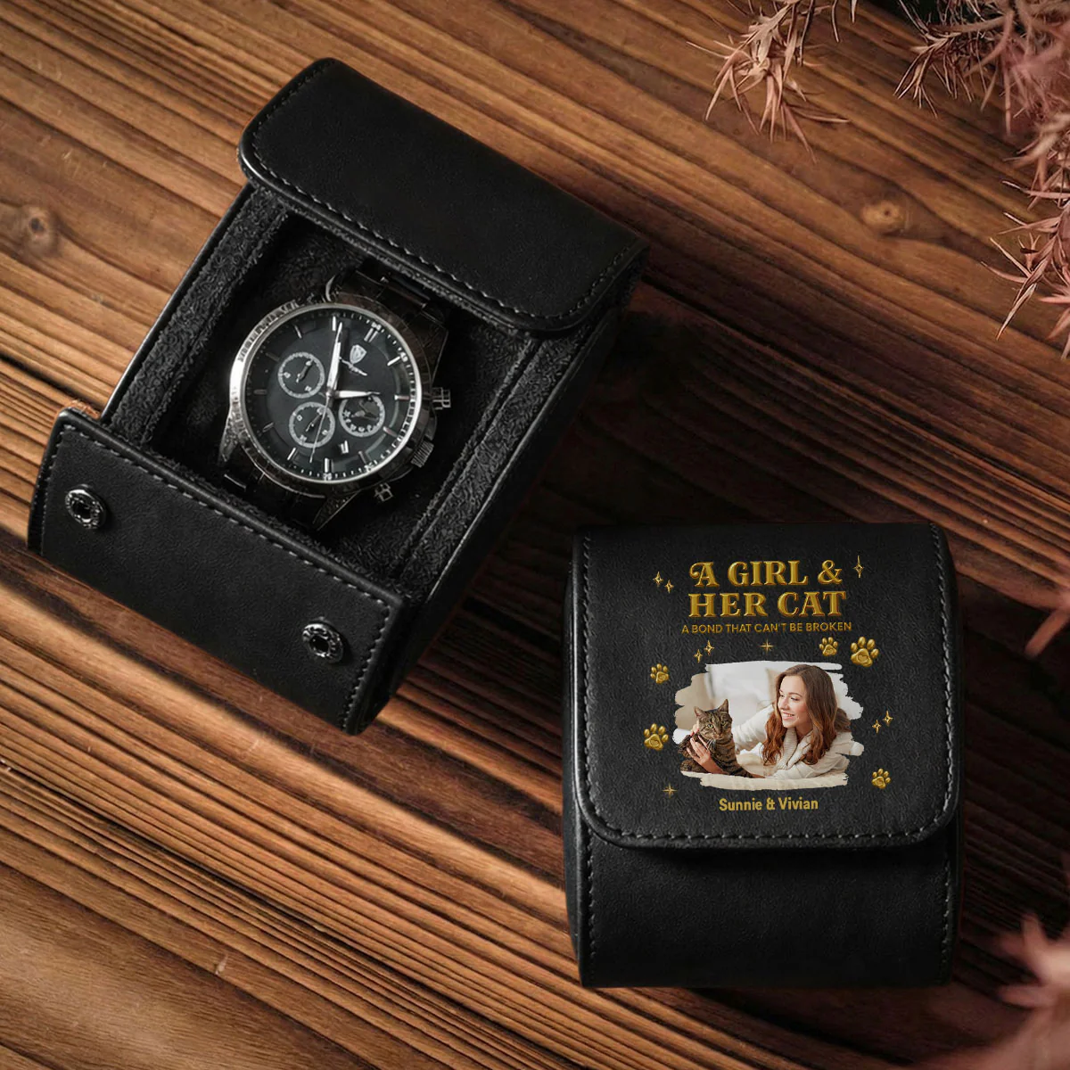 A Girl And Her Cat Photo - Personalized Custom Leather Watch Case - Image 2
