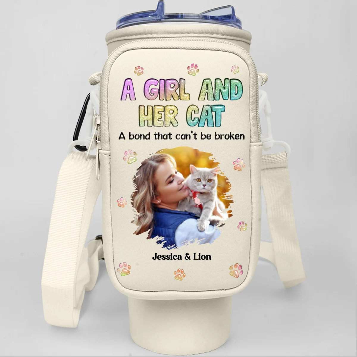 A Girl And Her Cat Photo - Personalized Custom 40oz Water Bottle Carrier Bag - Image 5