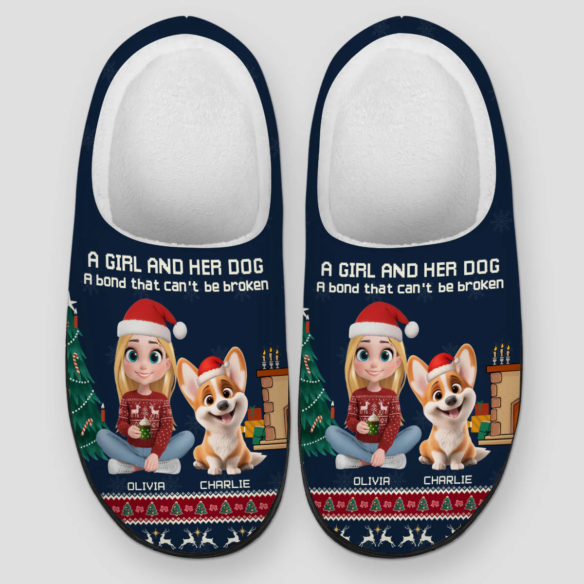 A Girl And Her Dog Christmas - Personalized Custom Plush Slippers