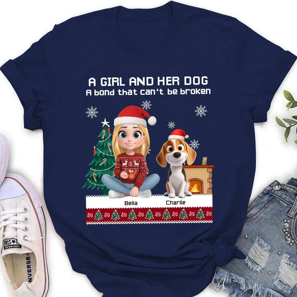 A Girl And Her Dog Christmas - Personalized Custom Women's T-Shirt - Image 2