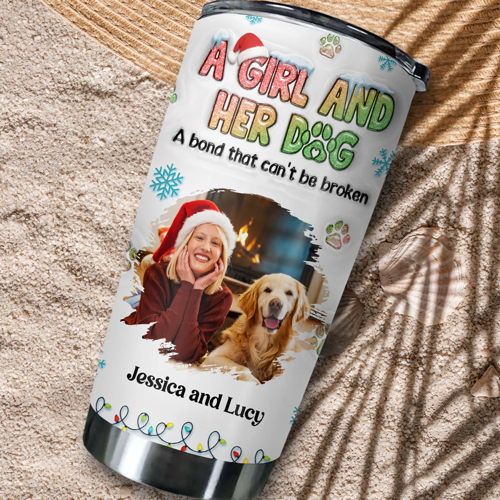 A Girl And Her Dog Christmas Photo - Personalized Custom 3D Inflated Effect Tumbler - Image 2