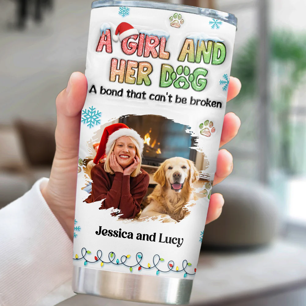 A Girl And Her Dog Christmas Photo - Personalized Custom 3D Inflated Effect Tumbler - Image 3