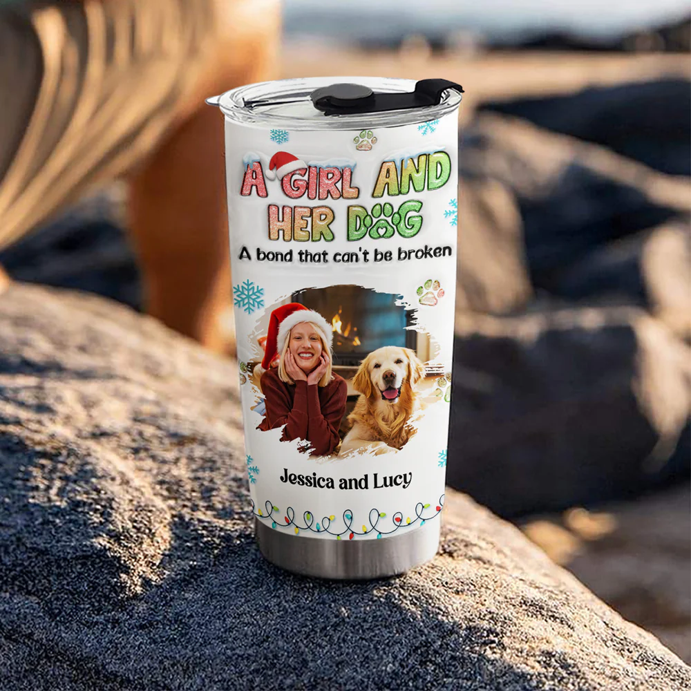 A Girl And Her Dog Christmas Photo - Personalized Custom 3D Inflated Effect Tumbler - Image 4