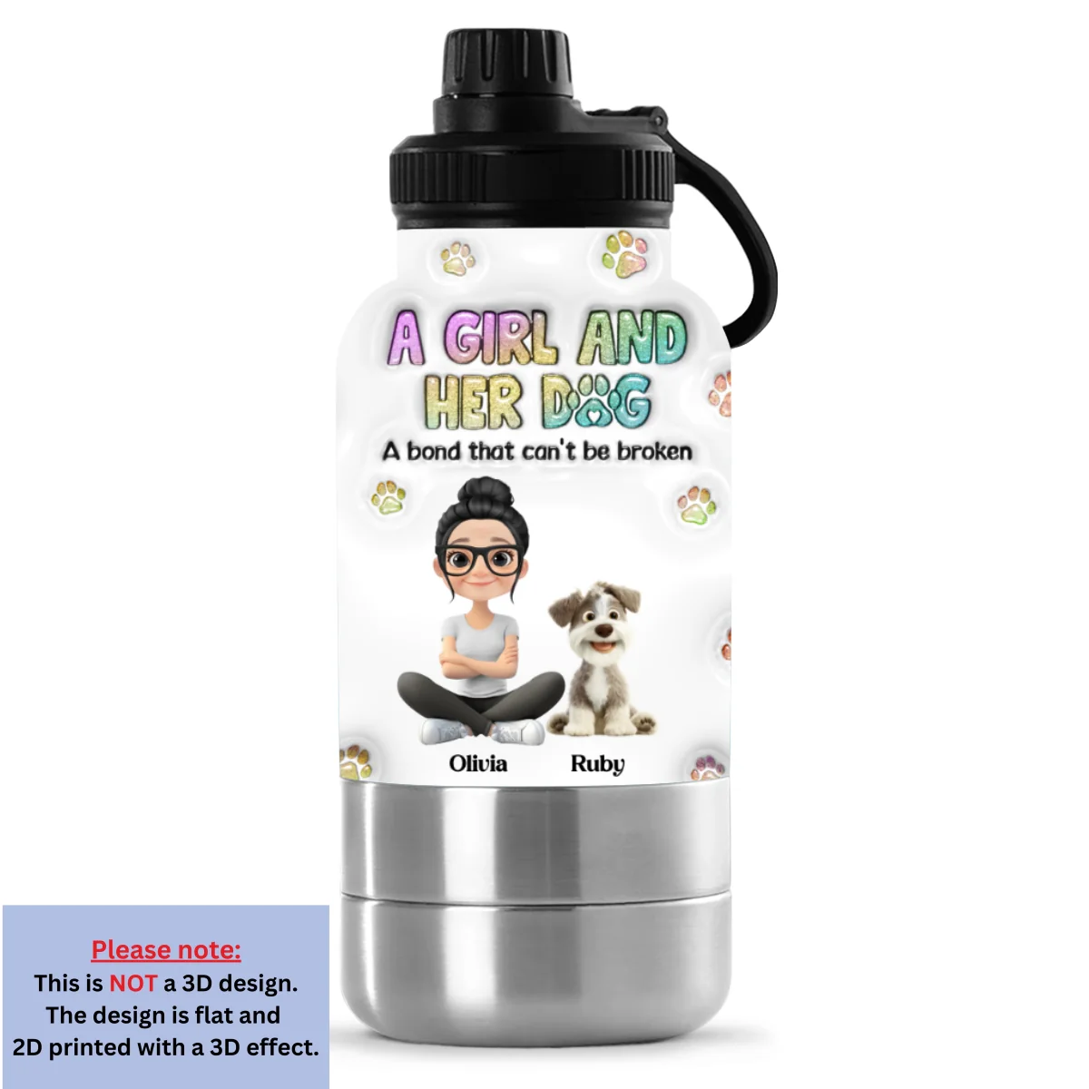 A Girl And Her Dog - Personalized Custom 3D Inflated Effect 30oz Water Bottle With Pet Bowl - Image 7