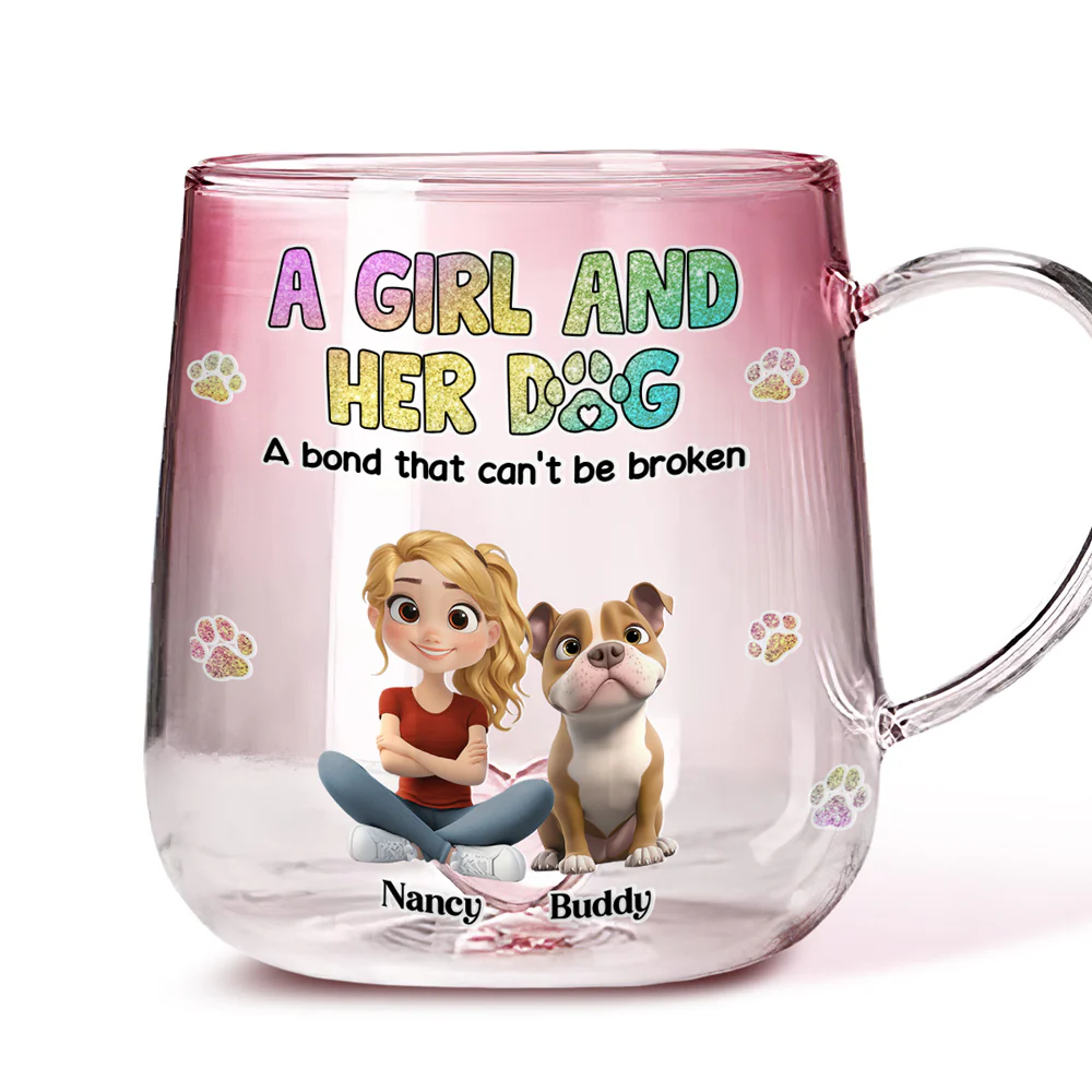 A Girl And Her Dog - Personalized Custom Pink Gradient Glass Mug