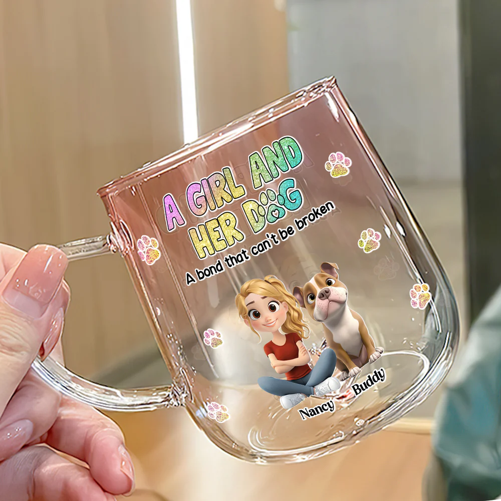 A Girl And Her Dog - Personalized Custom Pink Gradient Glass Mug - Image 2