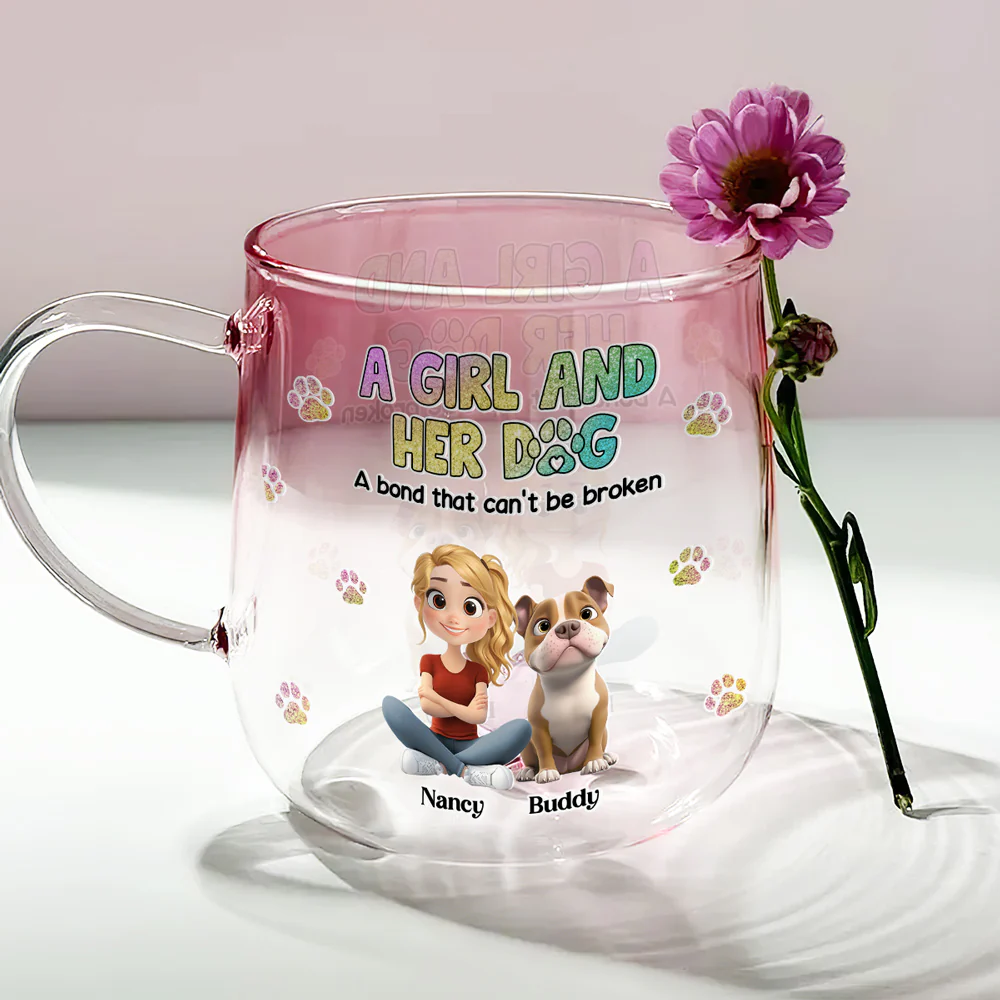 A Girl And Her Dog - Personalized Custom Pink Gradient Glass Mug - Image 3