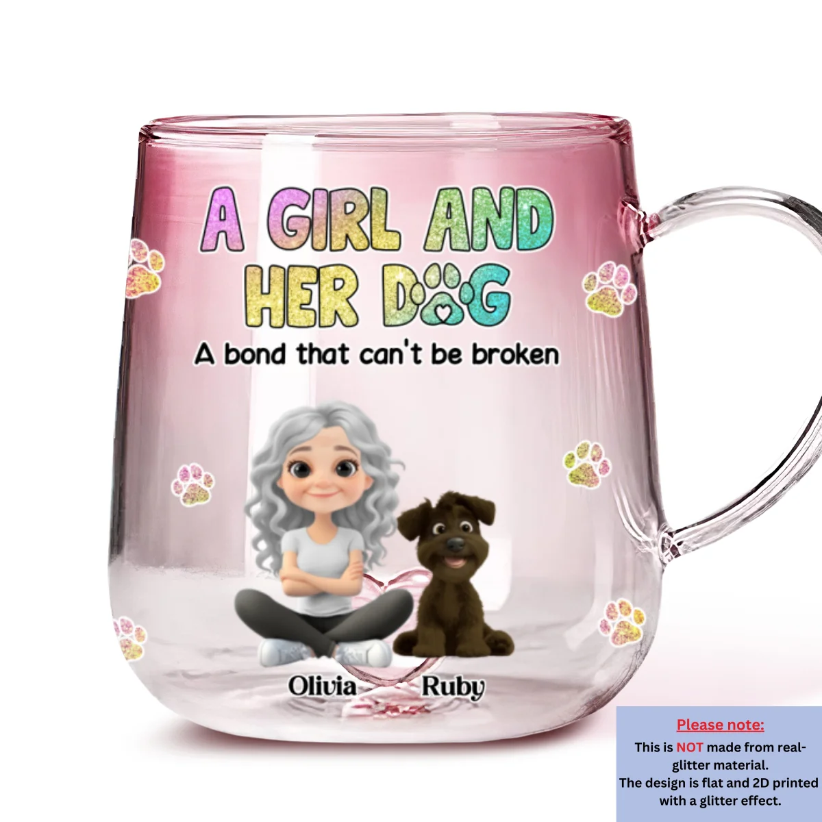 A Girl And Her Dog - Personalized Custom Pink Gradient Glass Mug - Image 5
