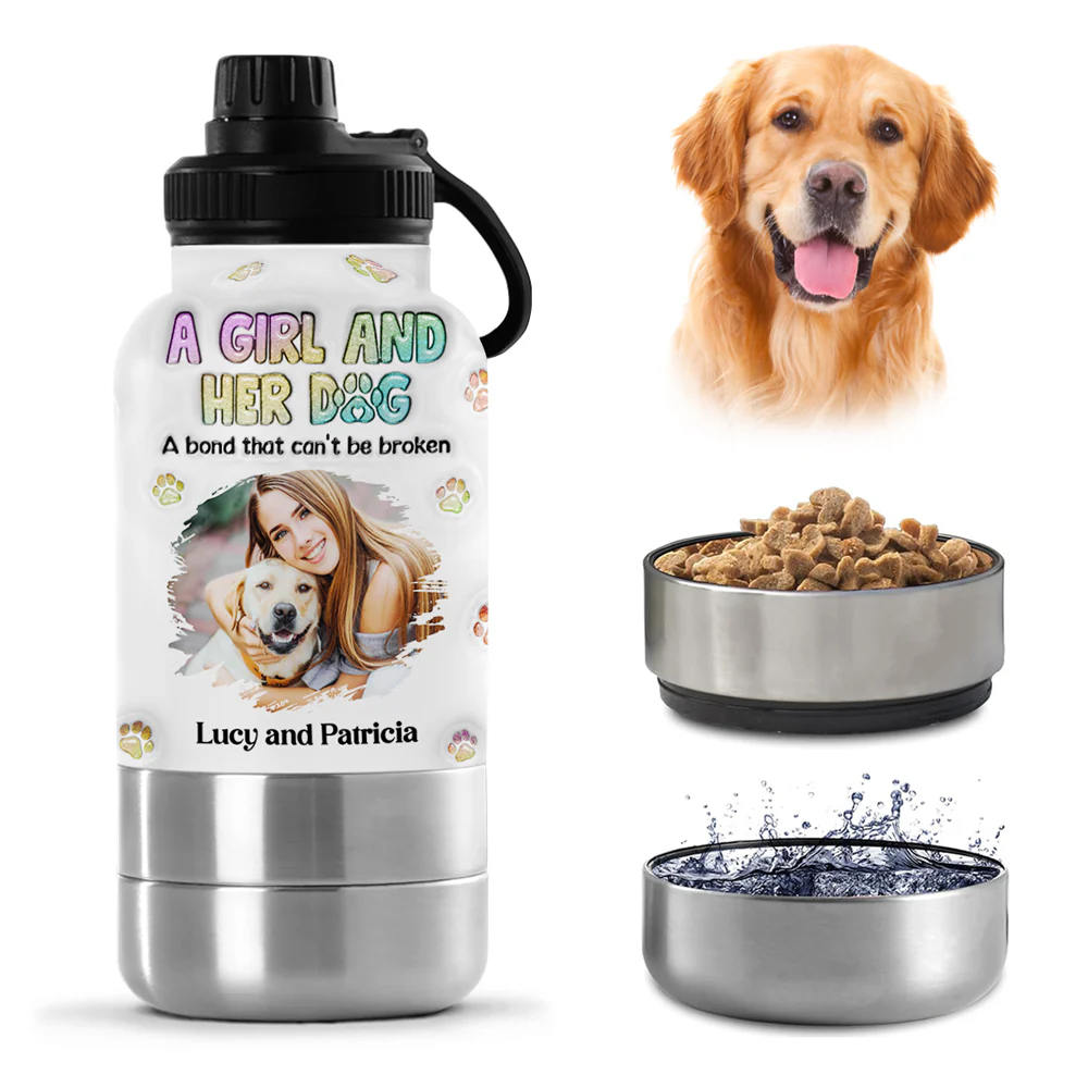 A Girl And Her Dog Photo - Personalized Custom 3D Inflated Effect 30oz Water Bottle With Pet Bowl