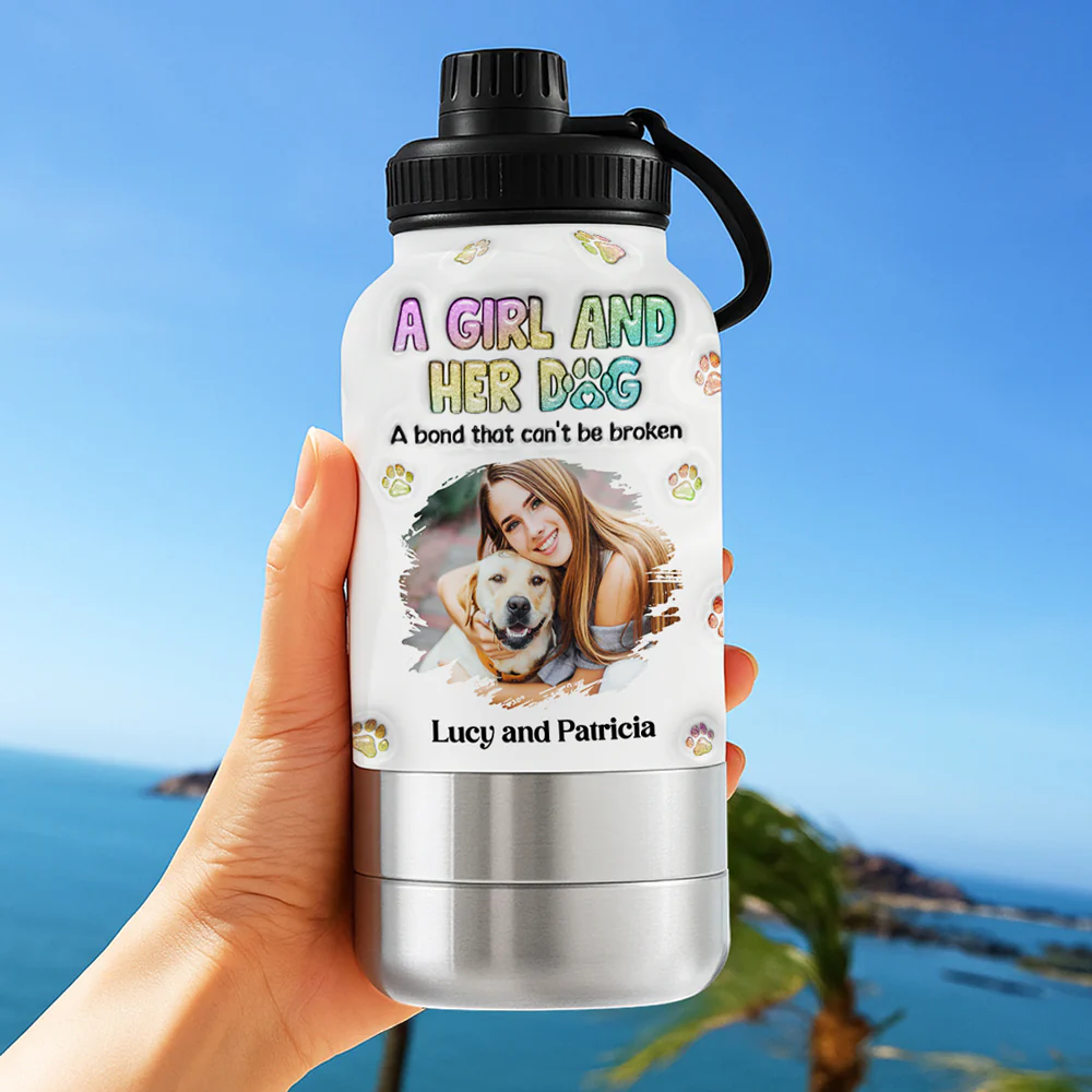 A Girl And Her Dog Photo - Personalized Custom 3D Inflated Effect 30oz Water Bottle With Pet Bowl - Image 3
