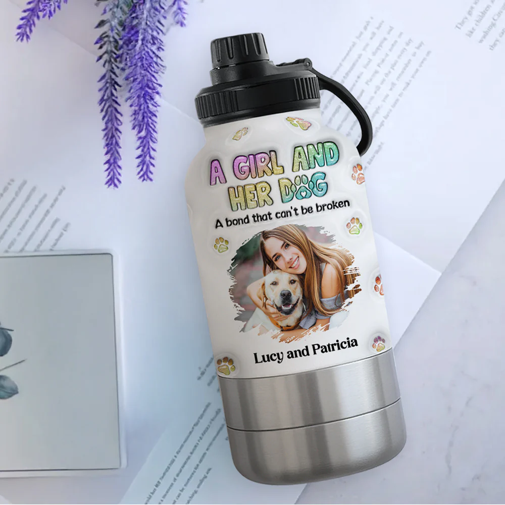A Girl And Her Dog Photo - Personalized Custom 3D Inflated Effect 30oz Water Bottle With Pet Bowl - Image 4