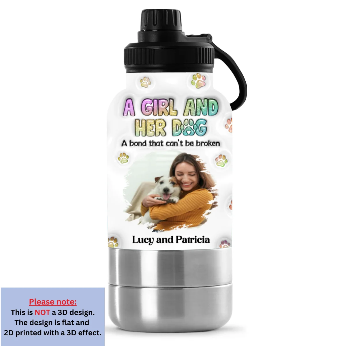 A Girl And Her Dog Photo - Personalized Custom 3D Inflated Effect 30oz Water Bottle With Pet Bowl - Image 7