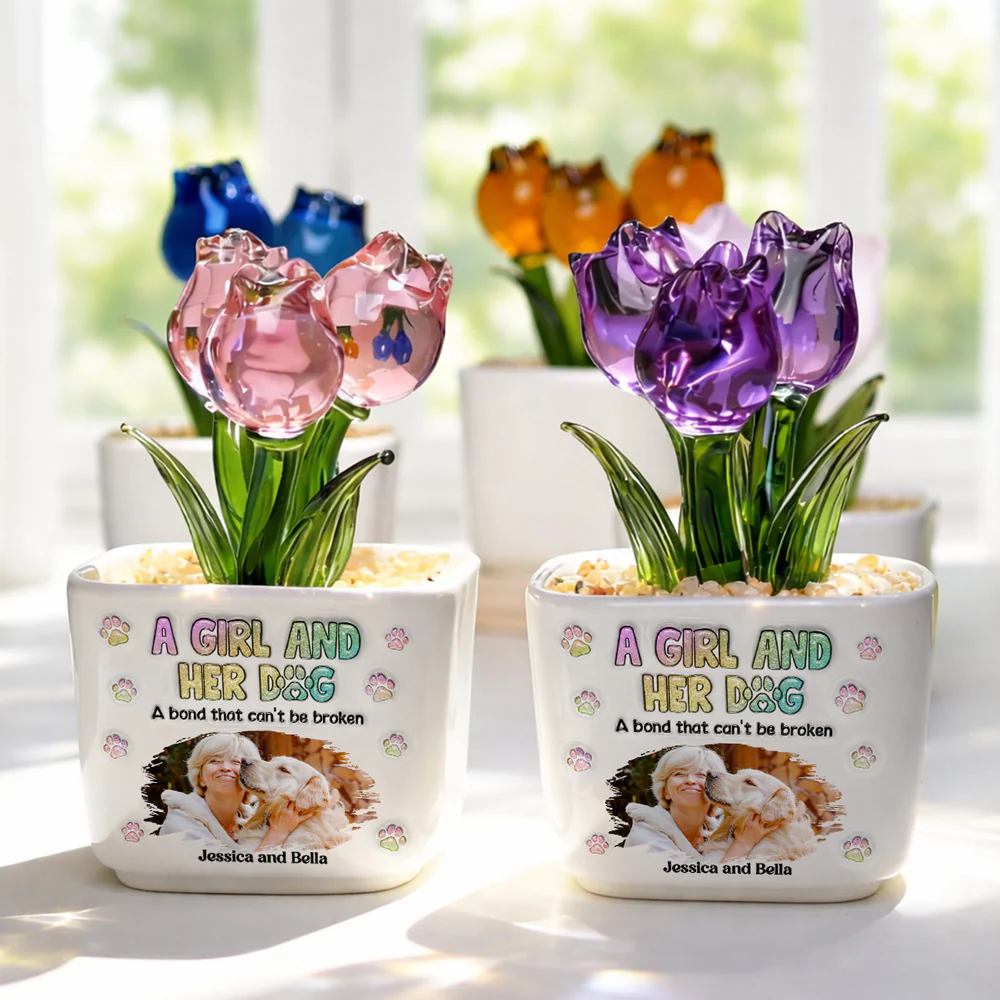 A Girl And Her Dog Photo - Personalized Custom Glass Everlasting Tulips - Image 4