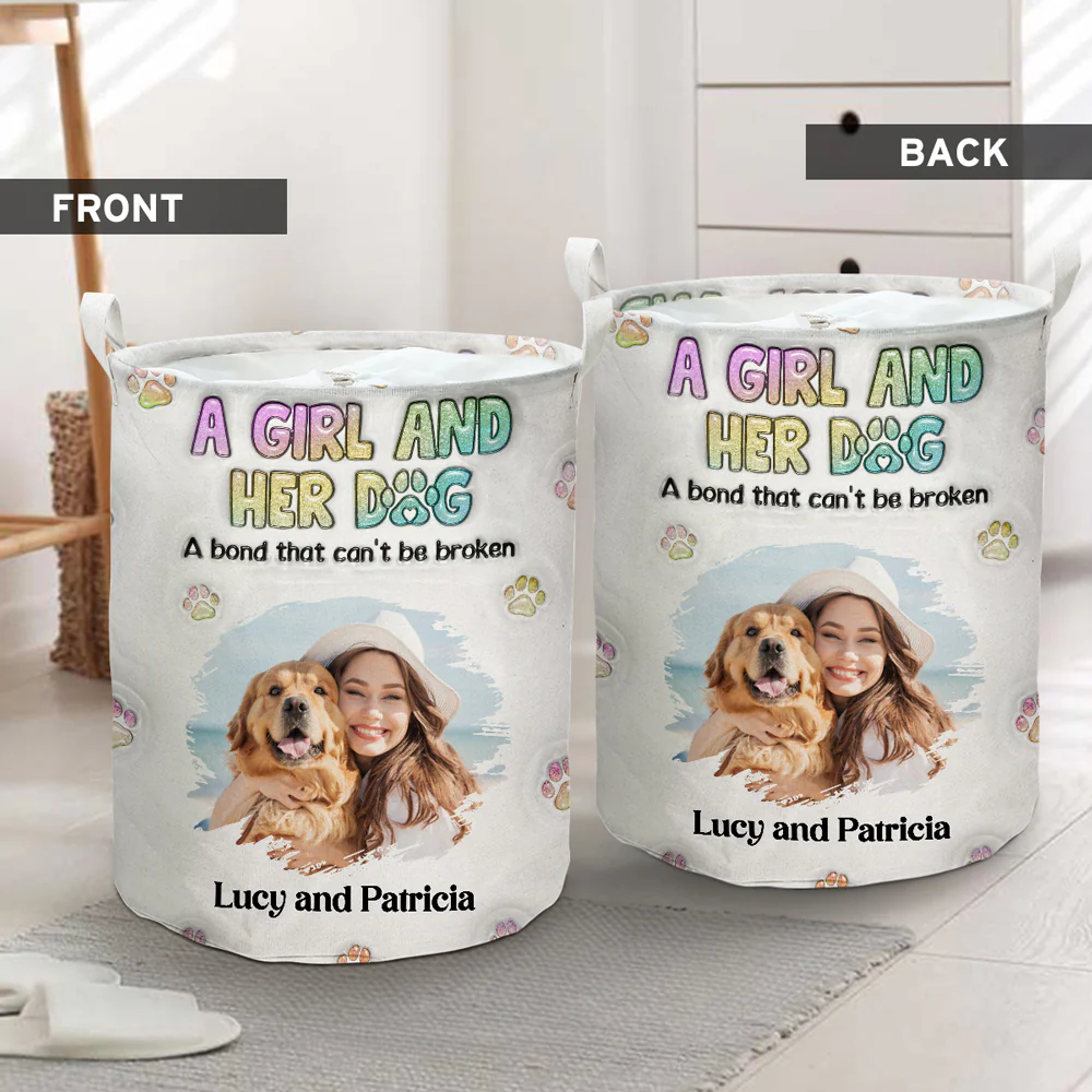 A Girl And Her Dog Photo - Personalized Custom Laundry Basket - Image 3