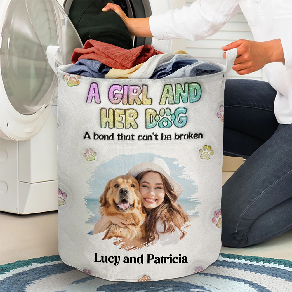 A Girl And Her Dog Photo - Personalized Custom Laundry Basket - Image 4