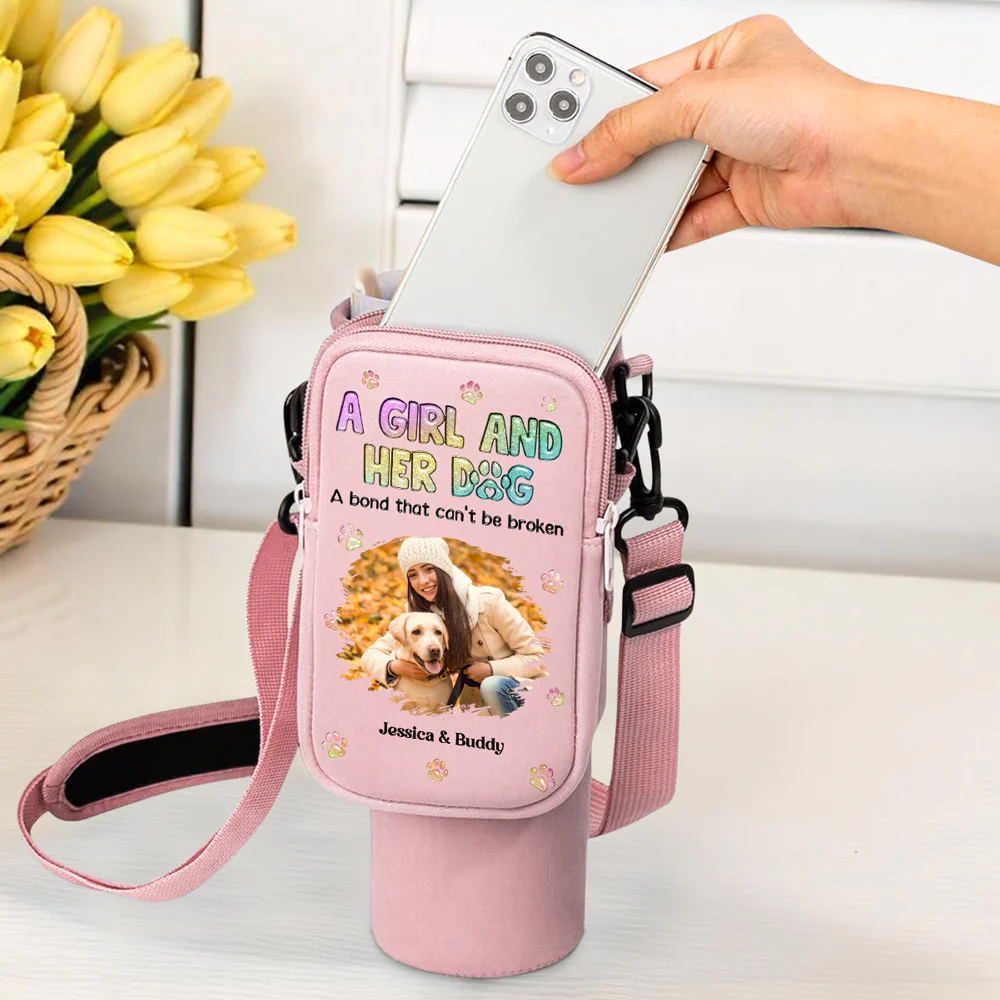 A Girl And Her Dog Photo - Personalized Custom 40oz Water Bottle Carrier Bag - Image 2
