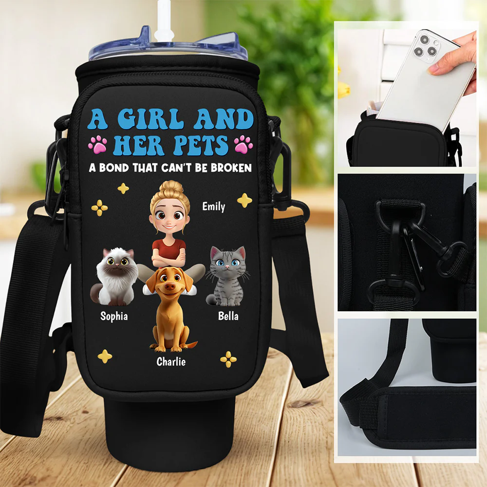 A Girl And Her Fur Baby - Personalized Custom 40oz Water Bottle Carrier Bag - Image 3