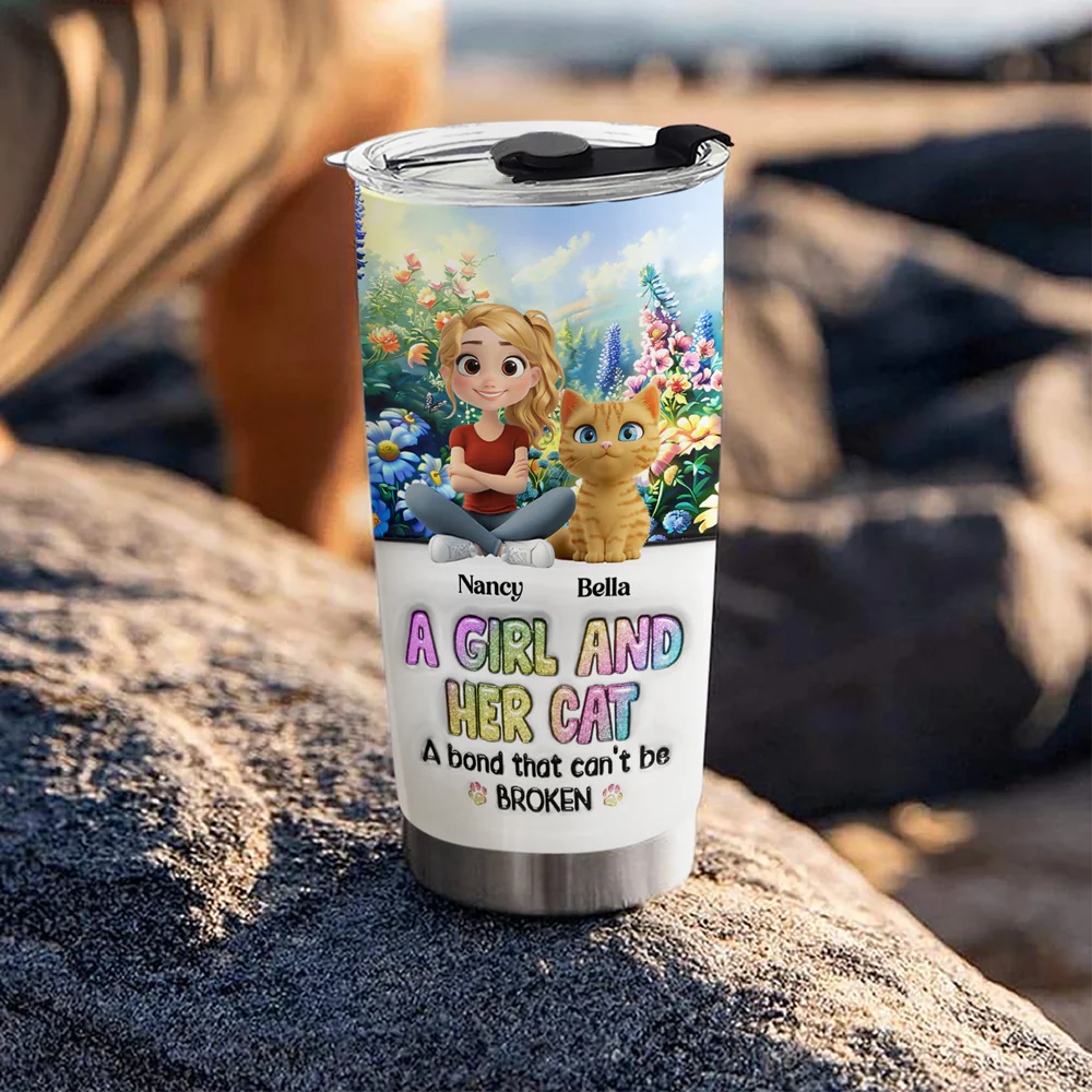 A Girl And Her Lovely Cat - Personalized Custom 3D Inflated Effect Tumbler - Image 2