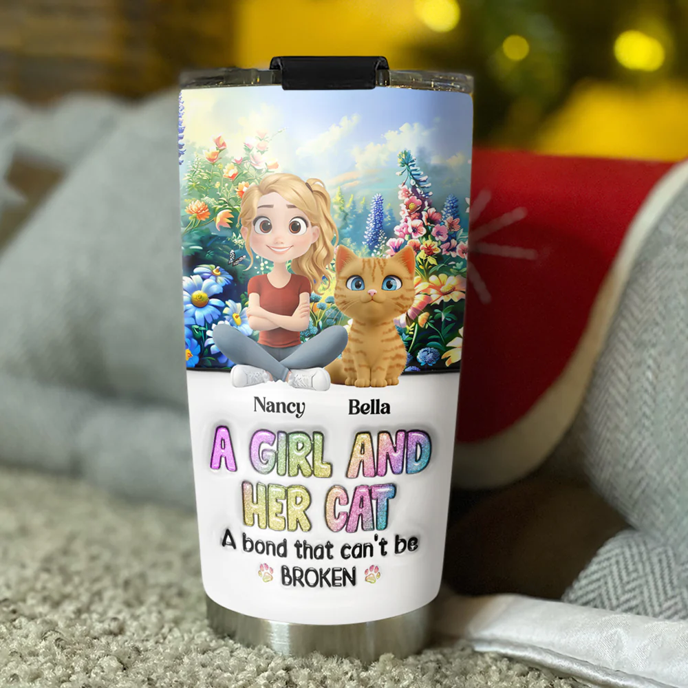A Girl And Her Lovely Cat - Personalized Custom 3D Inflated Effect Tumbler - Image 3