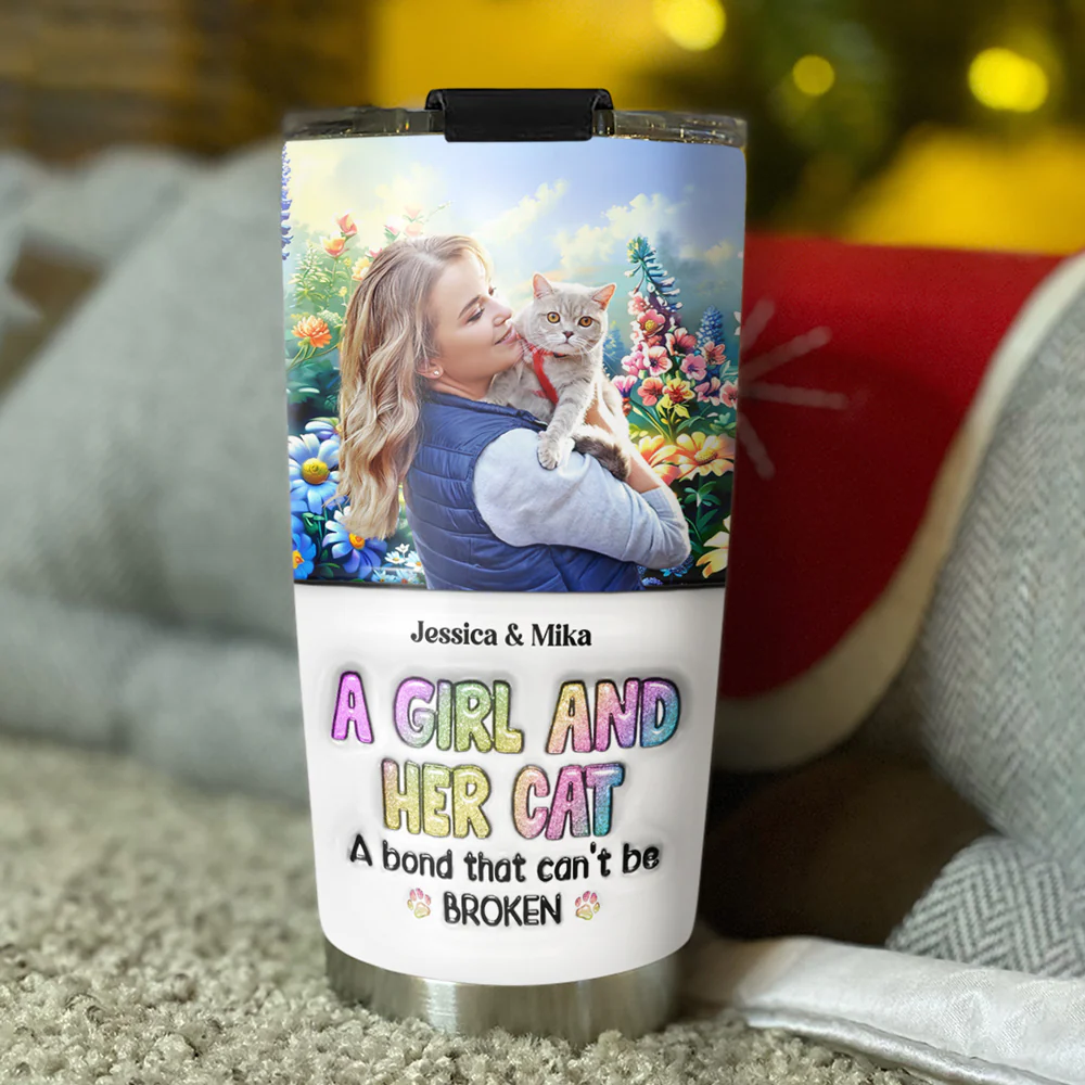 A Girl And Her Lovely Cat Photo - Personalized Custom 3D Inflated Effect Tumbler - Image 3