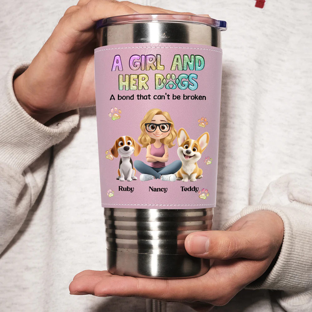 A Girl And Her Lovely Dog - Personalized Custom Pink Leather Tumbler - Image 2