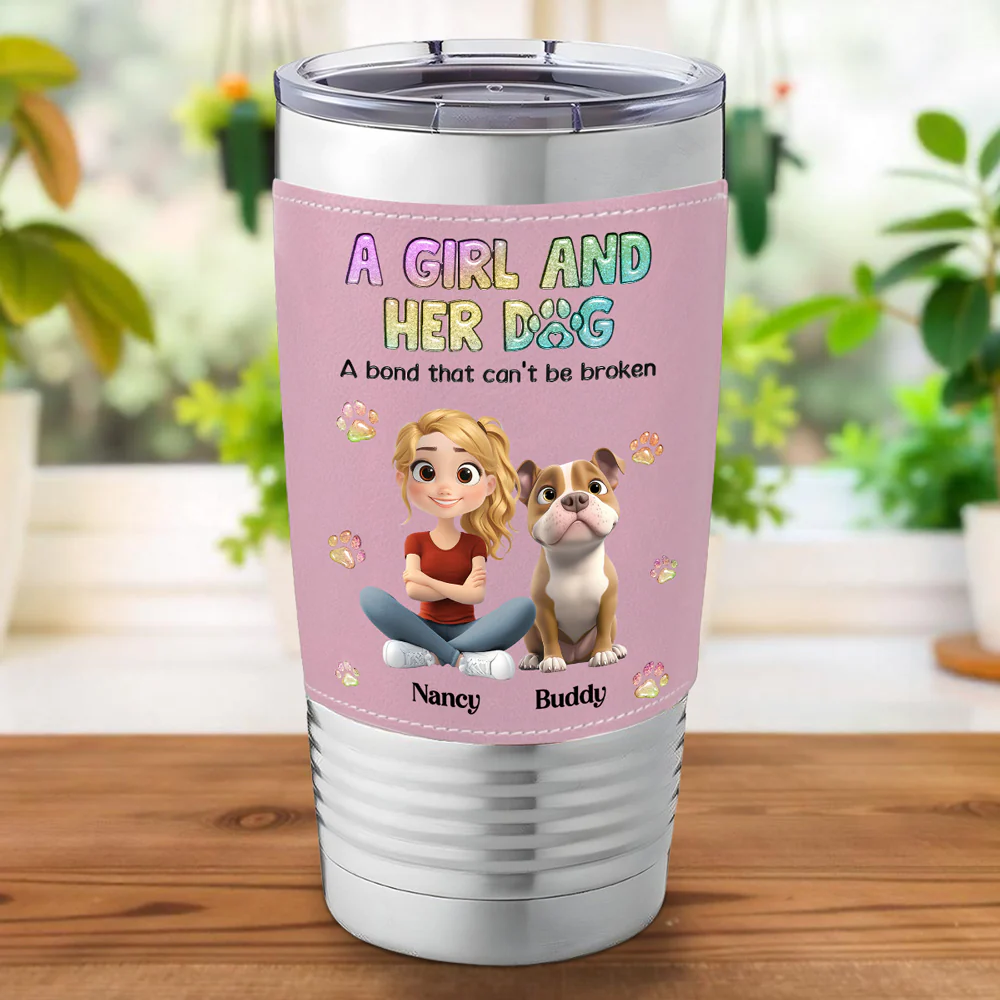A Girl And Her Lovely Dog - Personalized Custom Pink Leather Tumbler - Image 4