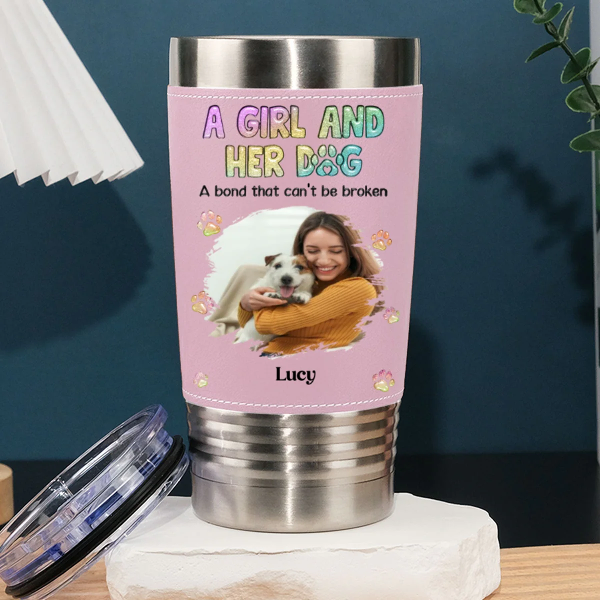 A Girl And Her Lovely Dog Photo - Personalized Custom Pink Leather Tumbler - Image 8