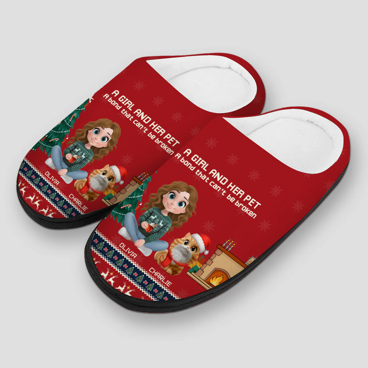 A Girl And Her Pet Christmas - Personalized Custom Plush Slippers - Image 2
