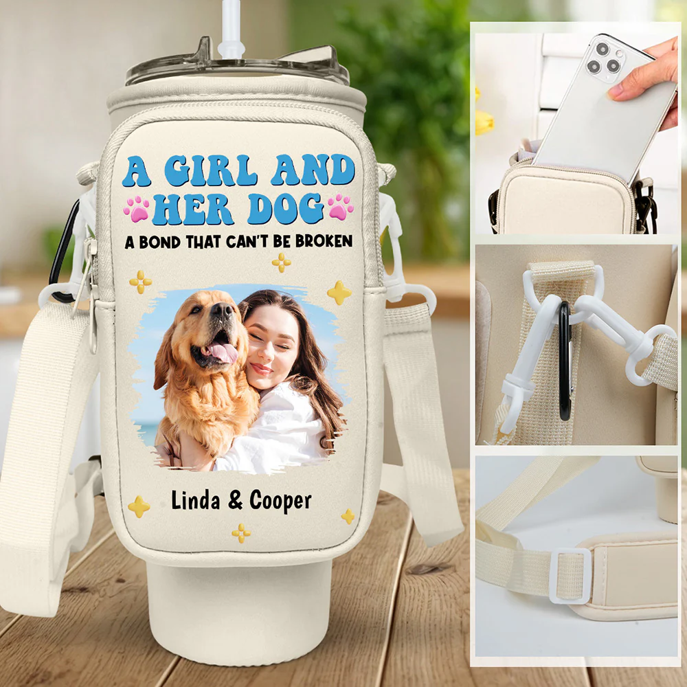 A Girl And Her Pet - Personalized Custom 40oz Water Bottle Carrier Bag