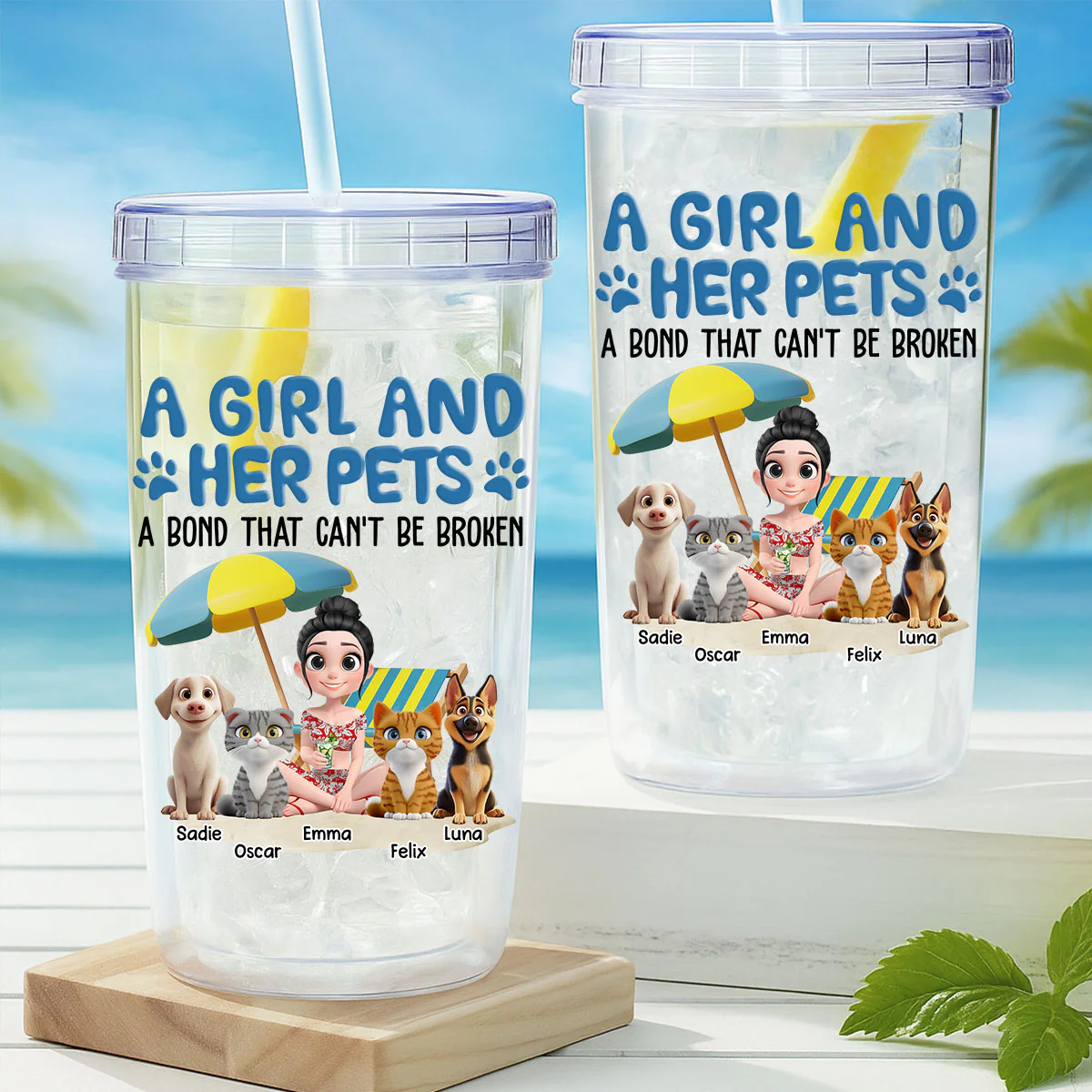 A Girl And Her Pets - Personalized Custom 14oz Plastic Tumbler - Image 5