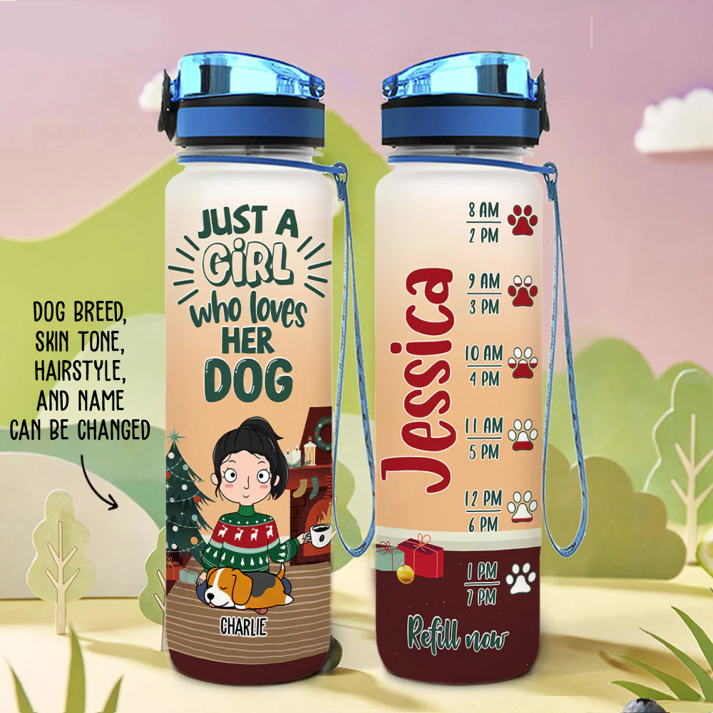 A Girl Loves Dog Christmas - Personalized Custom Water Tracker Bottle - Image 2