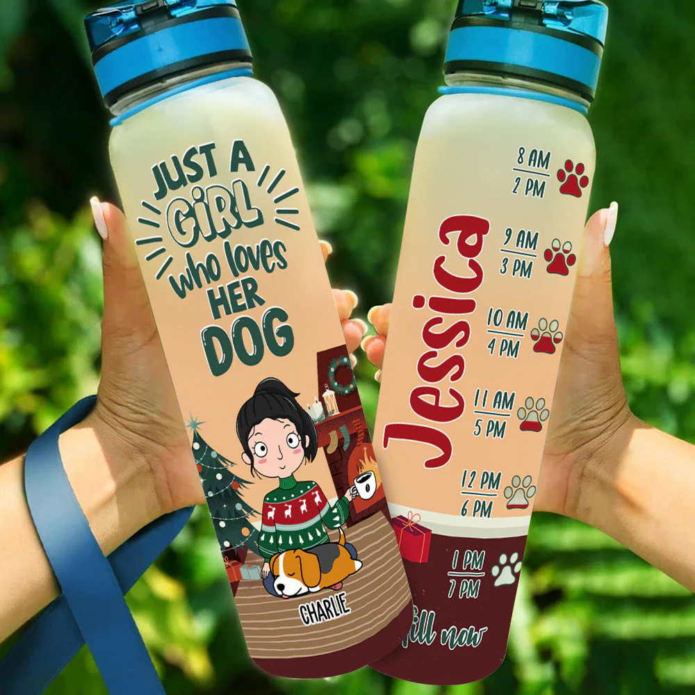 A Girl Loves Dog Christmas - Personalized Custom Water Tracker Bottle - Image 3
