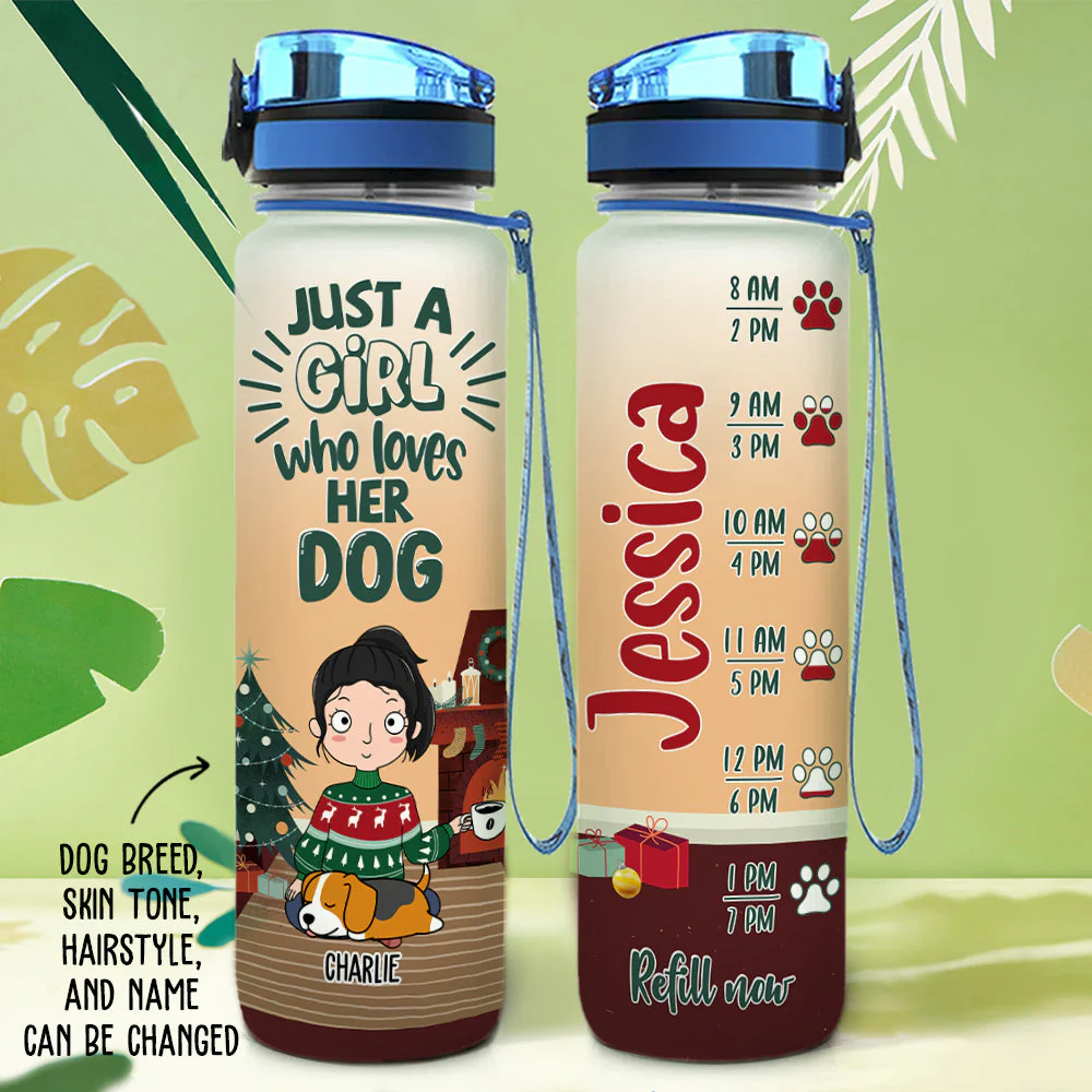 A Girl Loves Dog Christmas - Personalized Custom Water Tracker Bottle - Image 5