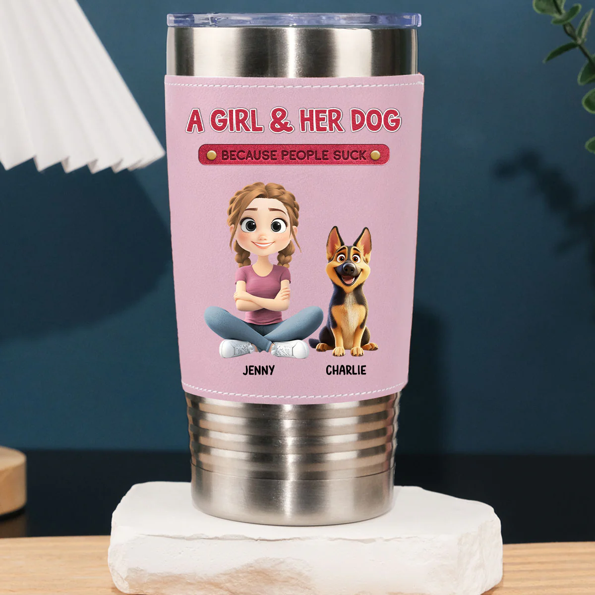 A Lady And Her Dog - Personalized Custom Pink Leather Tumbler