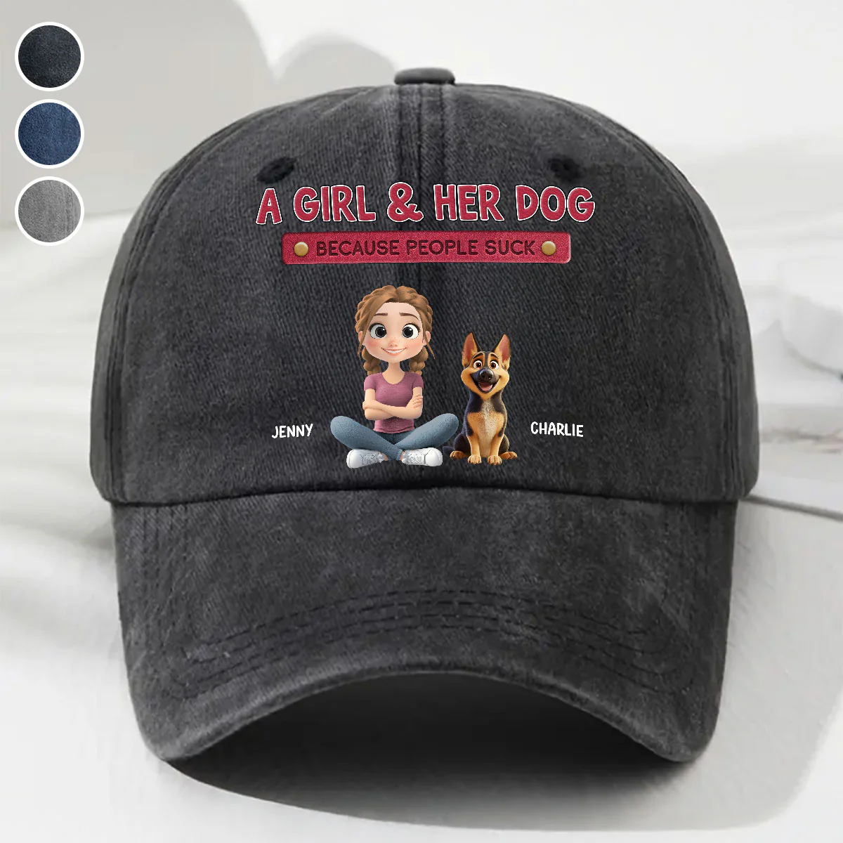 A Lady And Her Dog - Personalized Custom Vintage Washed Denim Cap