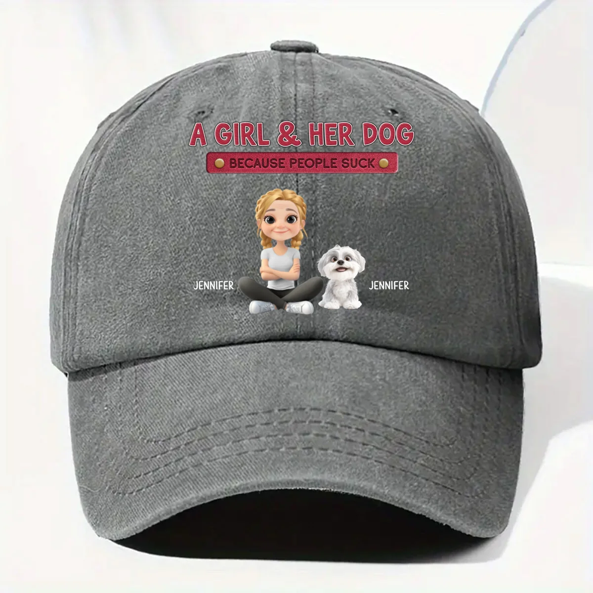 A Lady And Her Dog - Personalized Custom Vintage Washed Denim Cap - Image 10