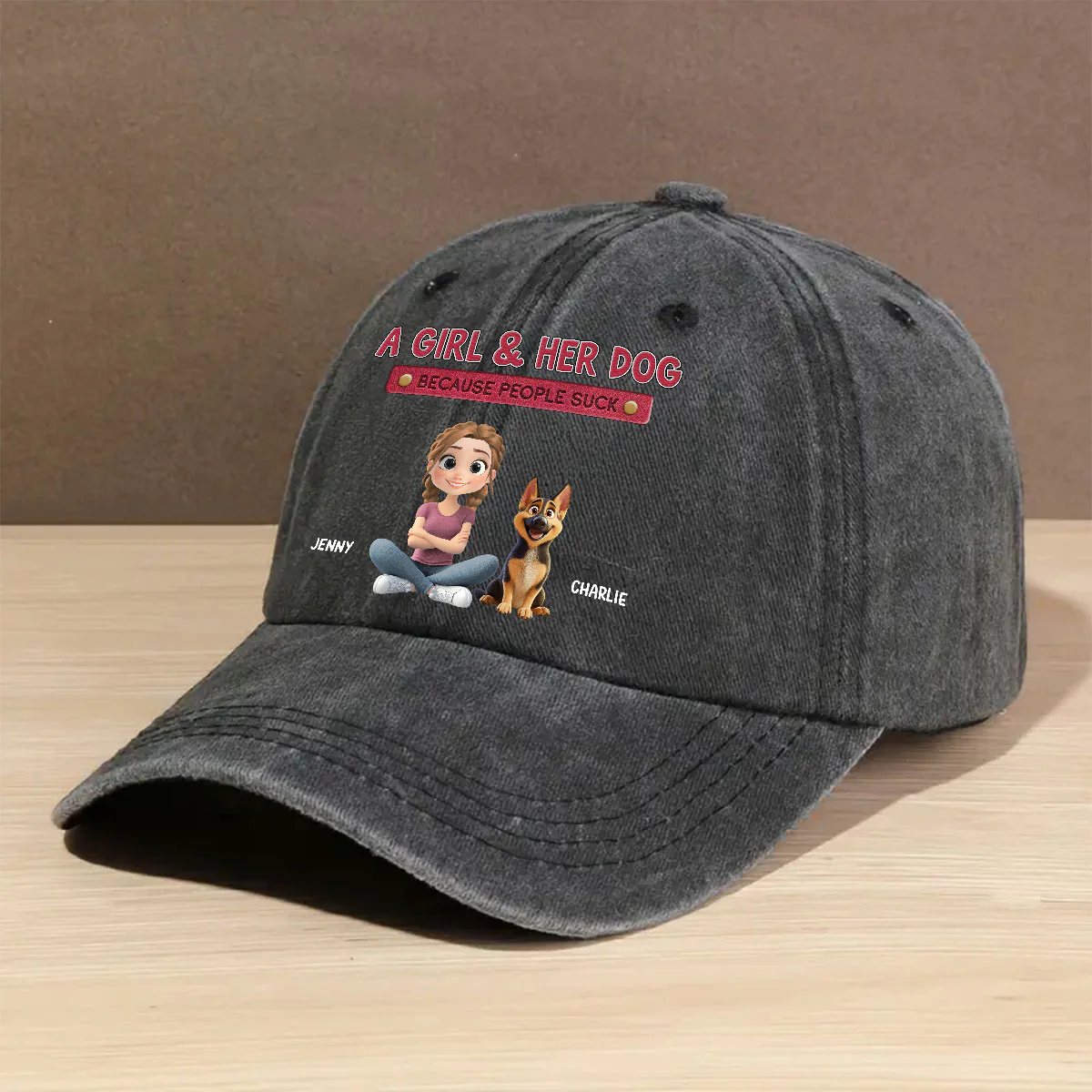 A Lady And Her Dog - Personalized Custom Vintage Washed Denim Cap - Image 2
