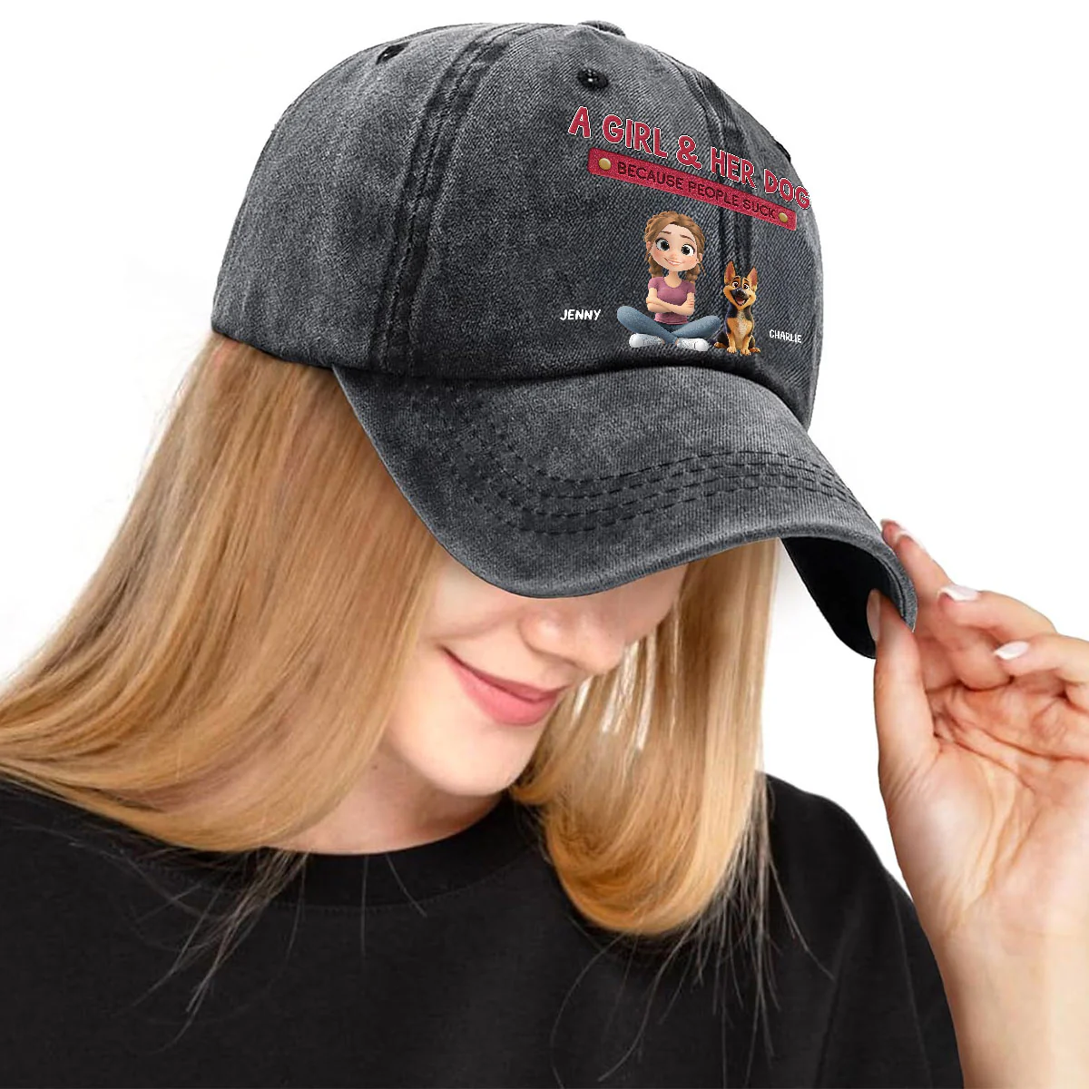 A Lady And Her Dog - Personalized Custom Vintage Washed Denim Cap - Image 3