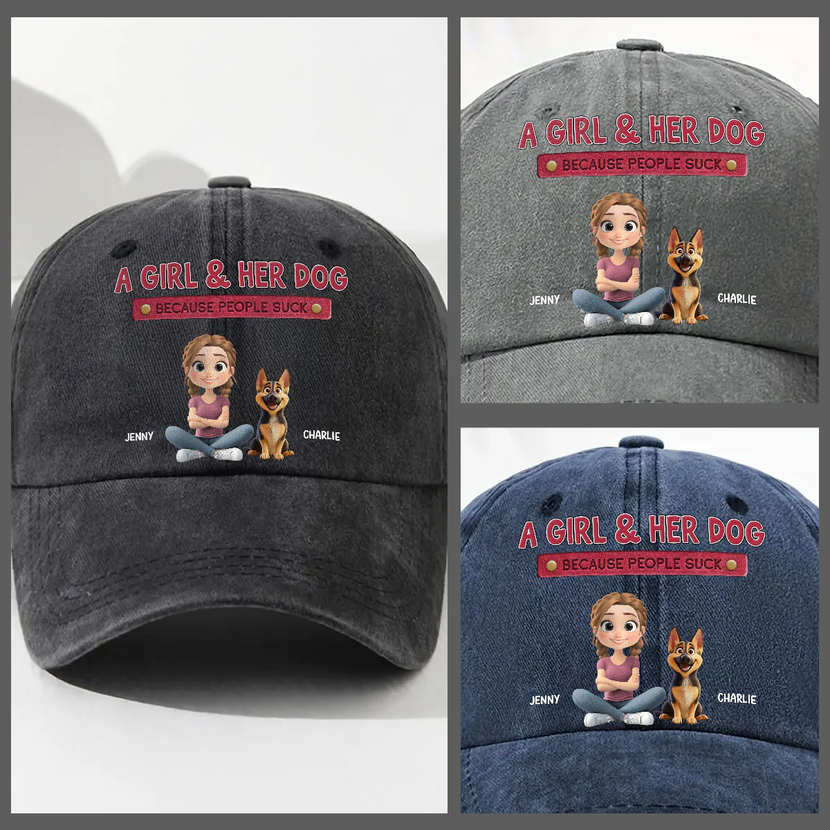A Lady And Her Dog - Personalized Custom Vintage Washed Denim Cap - Image 4