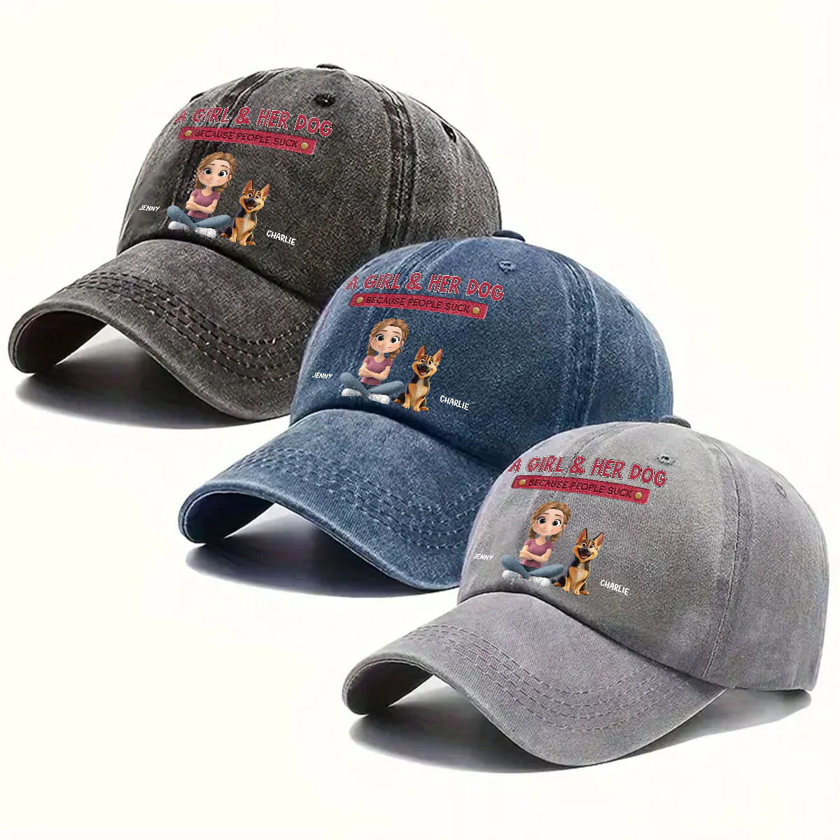 A Lady And Her Dog - Personalized Custom Vintage Washed Denim Cap - Image 5